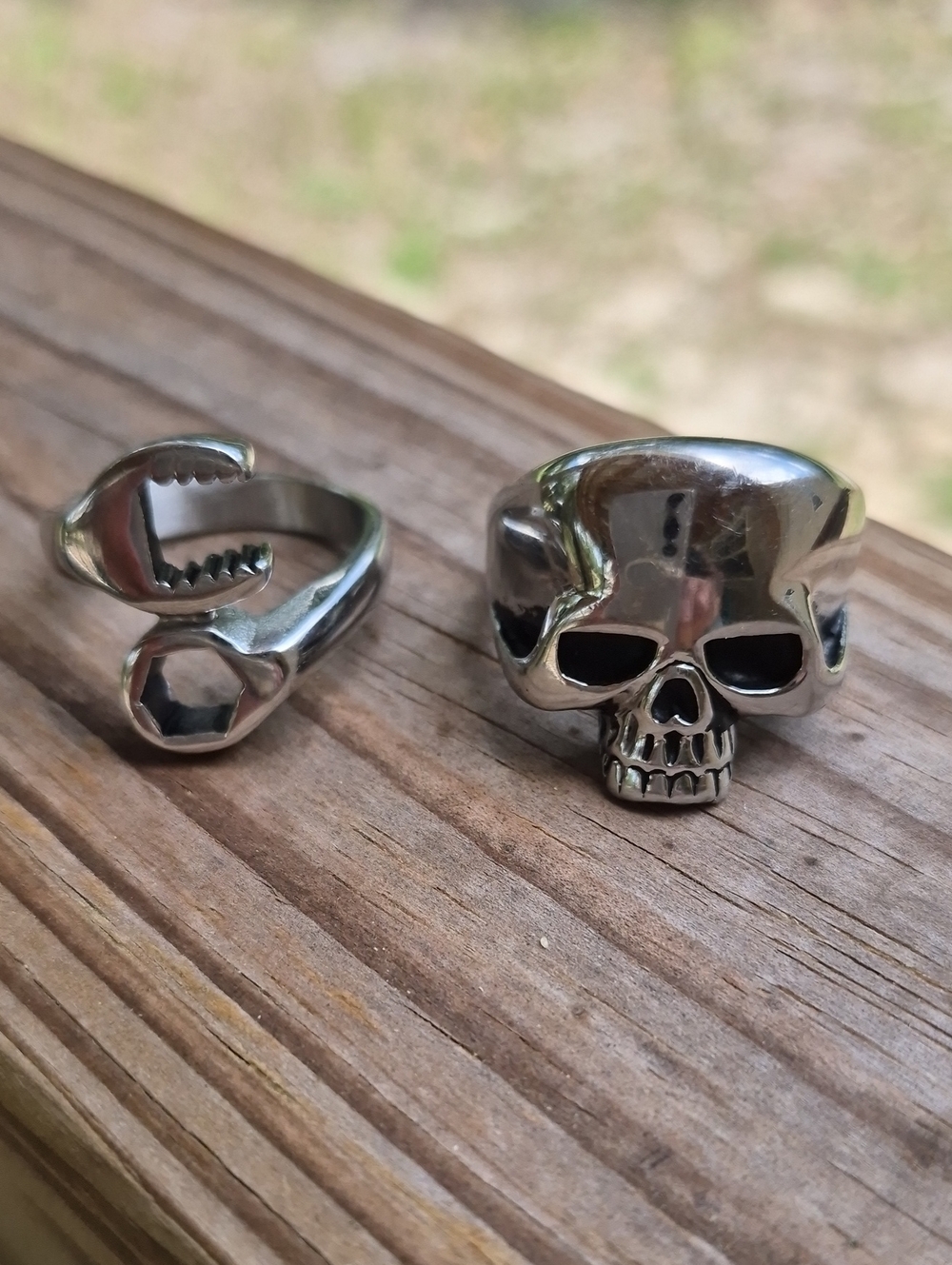 MENS STAINLESS STEEL SKULL AND WRENCH RINGS